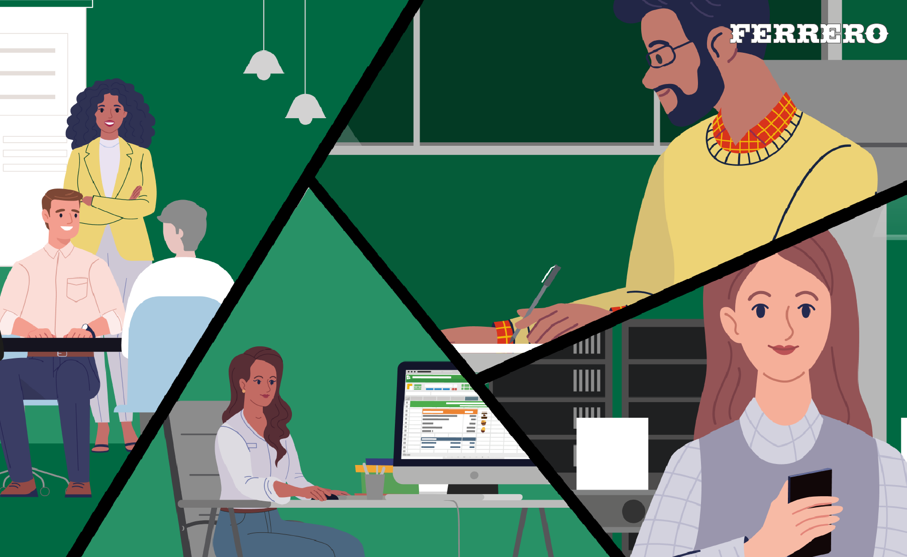 Ferrero 2D characters and workplaces scenes — Illustration · Character design · Accessibility